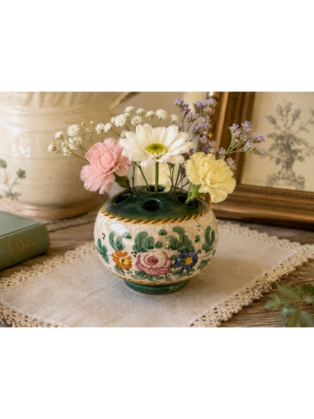 Vintage Italian Hand Painted Pottery Flower Frog Vase Made in Italy V.B. 3" Flor - Picture 6 of 6